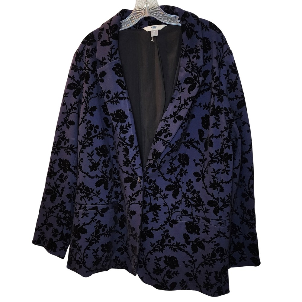 Old Navy Womens Plus Size Navy Blue Floral Flocked Longline Blazer Jacket 2X